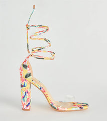 Bold Strut Floral Lace-Up Block Heels