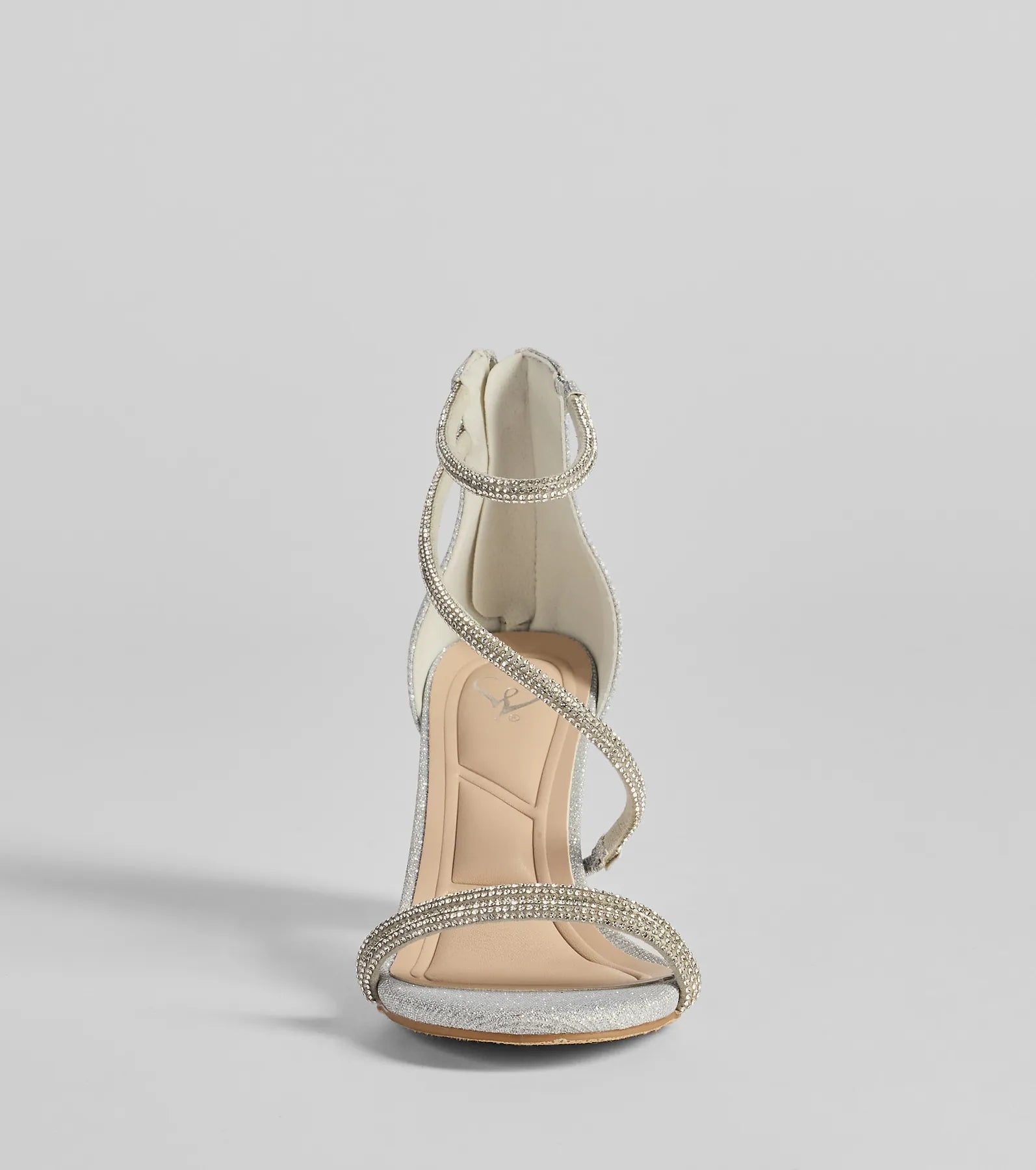 Reigning In Rhinestone Asymmetrical Strap Glitter Heels