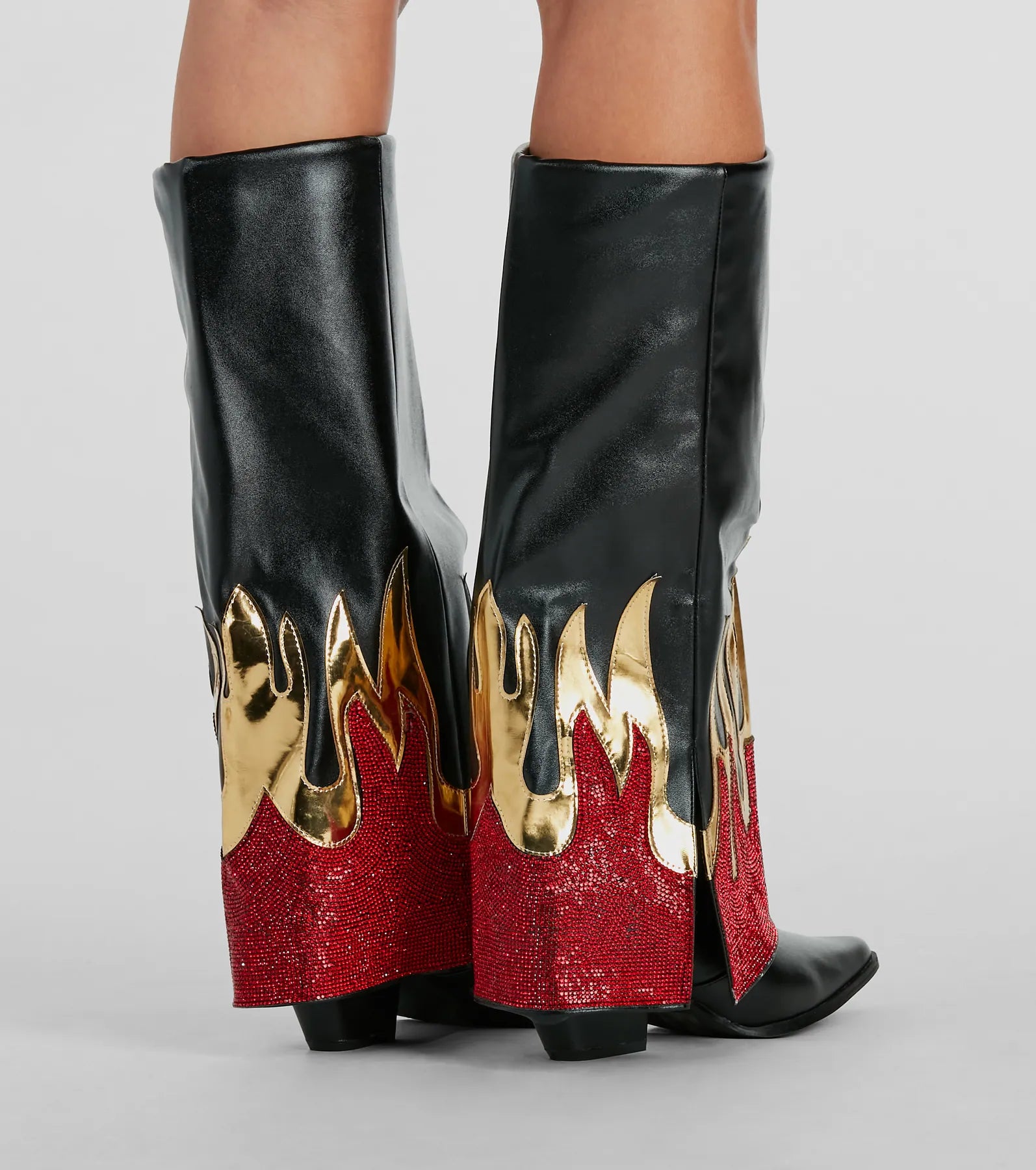 Too Hot To Handle Rhinestone Flame Fold-Over Boots